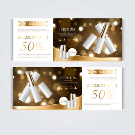 Gift voucher hydrating facial cream for annual sale or festival sale. silver and gold cream mask bottle isolated on glitter particles background. Banner graceful cosmetic adsのイラスト素材