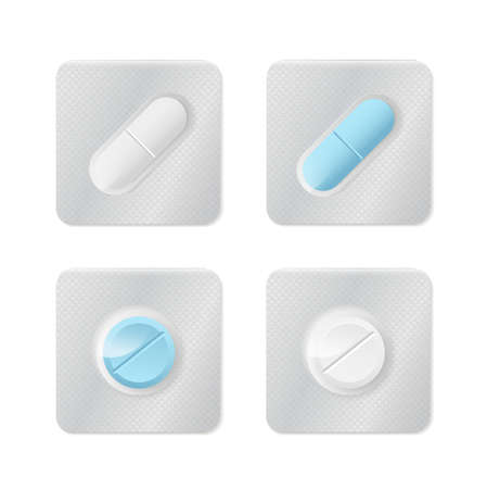 Pills or capsules white and blue in blister package for tablet design.のイラスト素材
