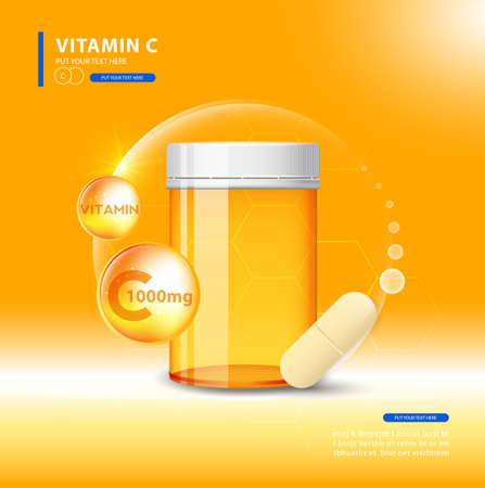 Vitamin C gold shining pill with Chemical formula, Ascorbic acid.のイラスト素材