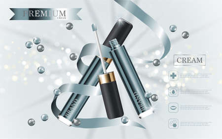 Hydrating facial concealer for annual sale or festival sale. silver and gold cream mask bottle isolated on glitter particles background. Graceful cosmetic ads.のイラスト素材