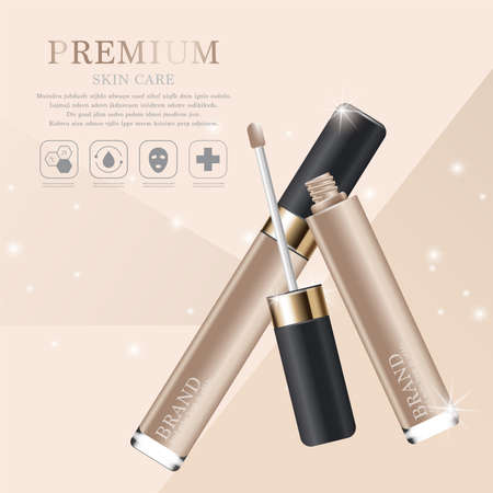Hydrating facial concealer for annual sale or festival sale. silver and gold cream mask bottle isolated on glitter particles background. Graceful cosmetic ads.のイラスト素材