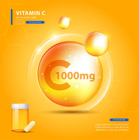 Vitamin C gold shining pill with Chemical formula, Ascorbic acid.のイラスト素材