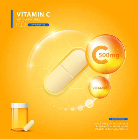 Vitamin C gold shining pill with Chemical formula, Ascorbic acid.のイラスト素材