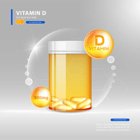 Vitamin D gold shining pill with Chemical formula, Ascorbic acid.のイラスト素材