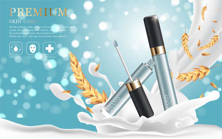 Hydrating facial concealer for annual sale or festival sale. silver and gold cream mask bottle isolated on glitter particles background. Graceful cosmetic ads.のイラスト素材