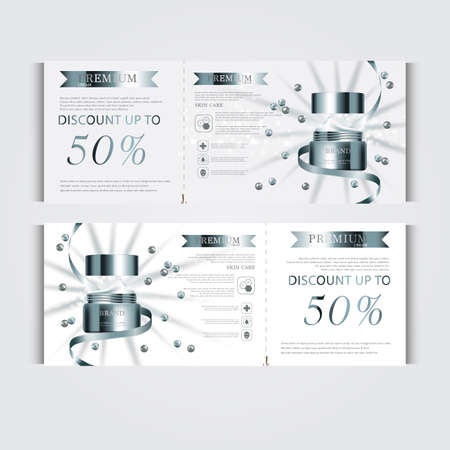 Gift voucher hydrating facial cream for annual sale or festival sale. silver and gold cream mask bottle isolated on glitter particles background. Banner graceful cosmetic ads, illustration.のイラスト素材
