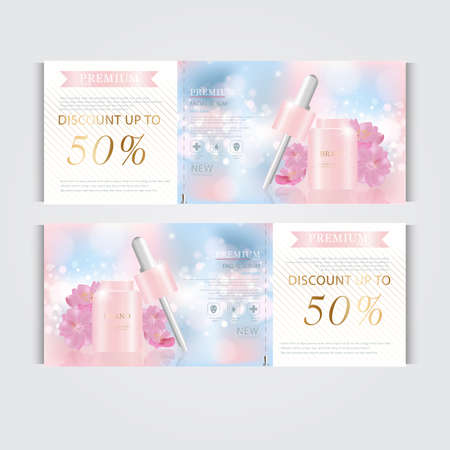 Gift voucher hydrating facial cream for annual sale or festival sale. silver and gold cream mask bottle isolated on glitter particles background. Banner graceful cosmetic ads, illustration.のイラスト素材