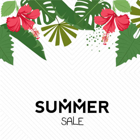 tropical leaves pattern summer. palm leaf, banana leaf, hibiscus, flowers. Jungle trees. botanical vector design.のイラスト素材