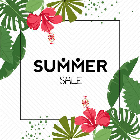tropical leaves pattern summer. palm leaf, banana leaf, hibiscus, flowers. Jungle trees. botanical vector design.のイラスト素材