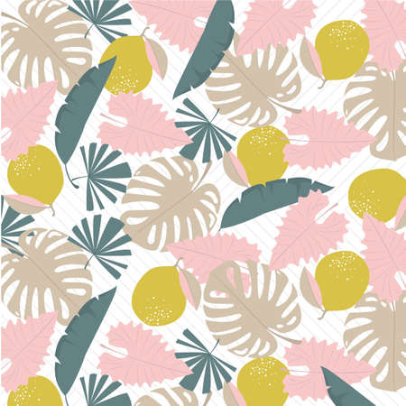 tropical leaves pattern summer. palm leaf, banana leaf, hibiscus, flowers. Jungle trees. botanical vector design.のイラスト素材
