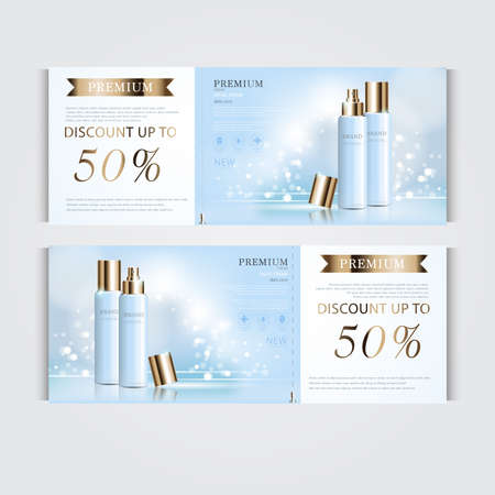 Gift voucher hydrating facial cream for annual sale or festival sale. silver and gold cream mask bottle isolated on glitter particles background. Banner graceful cosmetic ads, illustration.のイラスト素材