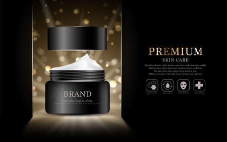 Hydrating facial cream for annual sale or festival sale. silver and black cream mask bottle isolated on glitter particles background. Graceful cosmetic ads, illustration.のイラスト素材