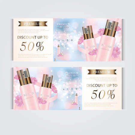 Gift voucher hydrating facial cream for annual sale or festival sale. silver and gold cream mask bottle isolated on glitter particles background. Banner graceful cosmetic ads, illustration.のイラスト素材
