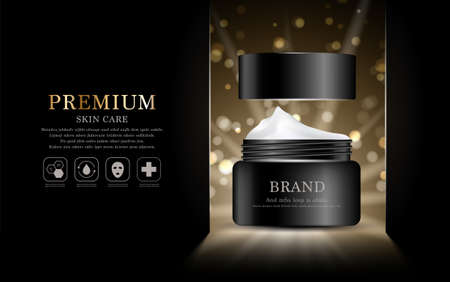 Hydrating facial cream for annual sale or festival sale. silver and black cream mask bottle isolated on glitter particles background. Graceful cosmetic ads, illustration.のイラスト素材