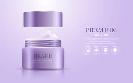 Hydrating facial cream for annual sale or festival sale. silver and purple cream mask bottle isolated on glitter particles background. Graceful cosmetic ads, illustration.のイラスト素材