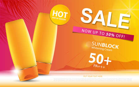 Sunblock ads template or sale of season, sun protection cosmetic products design with moisturizer cream or liquid, sparkling background with glitter polka, vector design.のイラスト素材