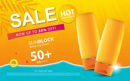 Sunblock ads template or sale of season, sun protection cosmetic products design with moisturizer cream or liquid, sparkling background with glitter polka, vector design.のイラスト素材