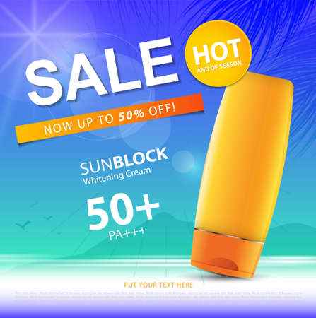 Sunblock ads template or sale of season, sun protection cosmetic products design with moisturizer cream or liquid, sparkling background with glitter polka, vector design.のイラスト素材