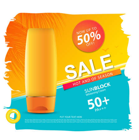 Sunblock ads template or sale of season, sun protection cosmetic products design with moisturizer cream or liquid, sparkling background with glitter polka, vector design.のイラスト素材