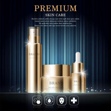 Hydrating facial cream for annual sale or festival sale. gold cream mask bottle isolated on glitter particles background. Graceful cosmetic ads, illustration.のイラスト素材