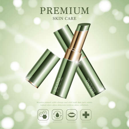 Hydrating facial lipstick for annual sale or festival sale. green and gold lipstick mask bottle isolated on glitter particles background. Graceful cosmetic ads, illustration.のイラスト素材