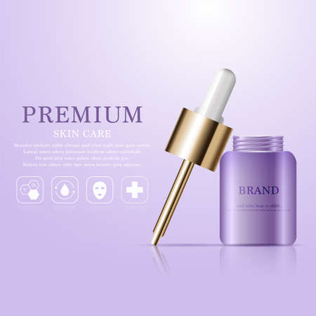 Hydrating facial serum for annual sale or festival sale. purple and gold serum mask bottle isolated on glitter particles background. Graceful cosmetic ads, illustration.のイラスト素材