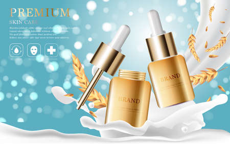 Hydrating facial serum for annual sale or festival sale. silver and gold serum mask bottle isolated on glitter particles background. Graceful cosmetic ads, illustration.のイラスト素材