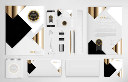Set of office documents for business, Include laptop, tablet, smartphone, pen, pencils, paperclip, business cards, envelope, document file, certificate, vector Illustration.のイラスト素材