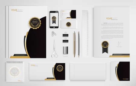 Set of office documents for business, Include laptop, tablet, smartphone, pen, pencils, paperclip, business cards, envelope, document file, certificate, vector Illustration.のイラスト素材