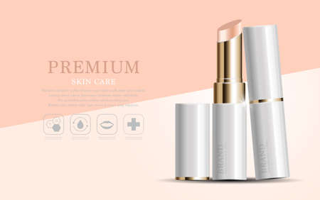 Hydrating facial lipstick for annual sale or festival sale. white and gold lipstick mask bottle isolated on glitter particles background. Graceful cosmetic ads, illustration.のイラスト素材
