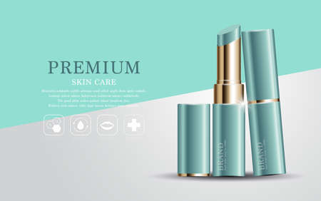 Hydrating facial lipstick for annual sale or festival sale. green and gold lipstick mask bottle isolated on glitter particles background. Graceful cosmetic ads, illustration.のイラスト素材