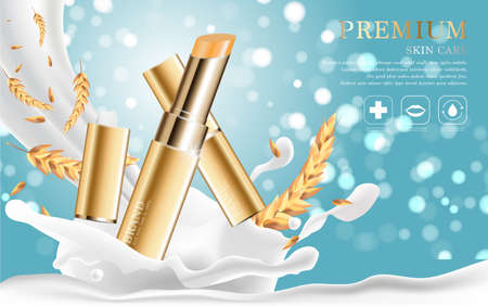 Hydrating facial lipstick for annual sale or festival sale. silver and gold lipstick mask bottle isolated on glitter particles background. Graceful cosmetic ads, illustration.のイラスト素材