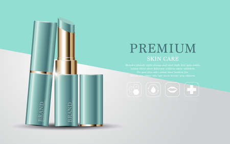 Hydrating facial lipstick for annual sale or festival sale. green and gold lipstick mask bottle isolated on glitter particles background. Graceful cosmetic ads, illustration.のイラスト素材