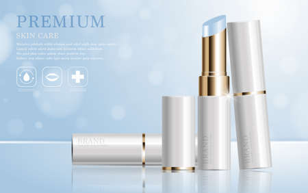 Hydrating facial lipstick for annual sale or festival sale. white and gold lipstick mask bottle isolated on glitter particles background. Graceful cosmetic ads, illustration.のイラスト素材