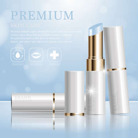 Hydrating facial lipstick for annual sale or festival sale. white and gold lipstick mask bottle isolated on glitter particles background. Graceful cosmetic ads, illustration.のイラスト素材