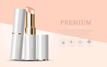 Hydrating facial lipstick for annual sale or festival sale. white and gold lipstick mask bottle isolated on glitter particles background. Graceful cosmetic ads, illustration.のイラスト素材