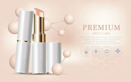 Hydrating facial lipstick for annual sale or festival sale. white and gold lipstick mask bottle isolated on glitter particles background. Graceful cosmetic ads, illustration.のイラスト素材