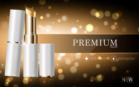 Hydrating facial lipstick for annual sale or festival sale. white and gold lipstick mask bottle isolated on glitter particles background. Graceful cosmetic ads, illustration.のイラスト素材