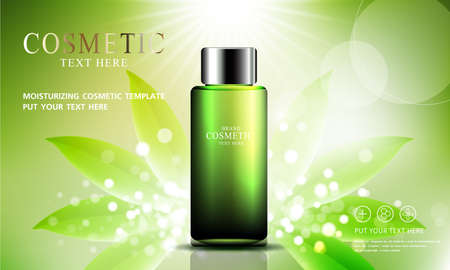 Green tea skin care cosmetic product poster, bottle package design with moisturizer cream or liquid, sparkling background with glitter polka, vector design.のイラスト素材