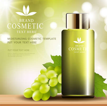 Grape seed skin care cosmetic product poster, bottle package design with moisturizer cream or liquid, sparkling background with glitter polka, vector design.のイラスト素材