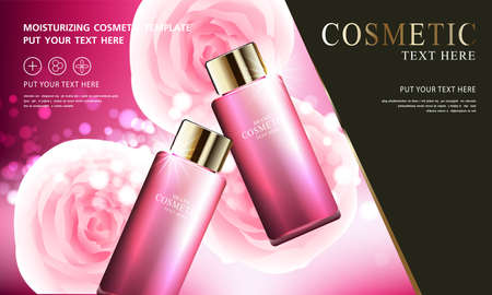 Rose skin care cosmetic product poster, bottle package design with moisturizer cream or liquid, sparkling background with glitter polka, vector design.のイラスト素材