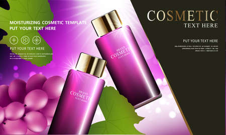 Grape seed skin care cosmetic product poster, bottle package design with moisturizer cream or liquid, sparkling background with glitter polka, vector design.のイラスト素材