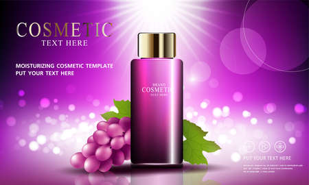 Grape seed skin care cosmetic product poster, bottle package design with moisturizer cream or liquid, sparkling background with glitter polka, vector design.のイラスト素材