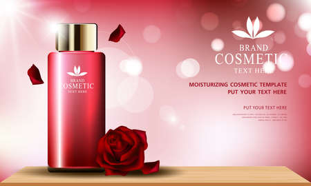 Rose skin care cosmetic product poster, bottle package design with moisturizer cream or liquid, sparkling background with glitter polka, vector design.のイラスト素材
