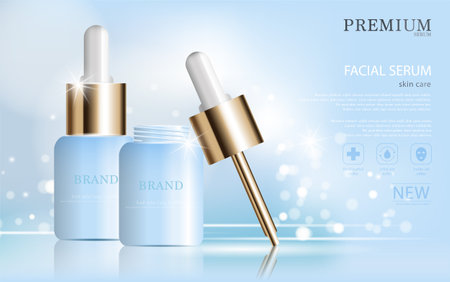 Hydrating facial serum for annual sale or festival sale. silver and gold serum mask bottle isolated on glitter particles background. Graceful cosmetic ads, illustration.のイラスト素材
