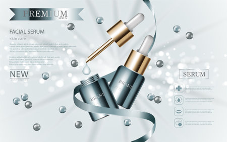 Hydrating facial serum for annual sale or festival sale. silver and gold serum mask bottle isolated on glitter particles background. Graceful cosmetic ads, illustration.のイラスト素材