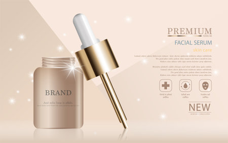 Hydrating facial serum for annual sale or festival sale. silver and gold serum mask bottle isolated on glitter particles background. Graceful cosmetic ads, illustration.のイラスト素材