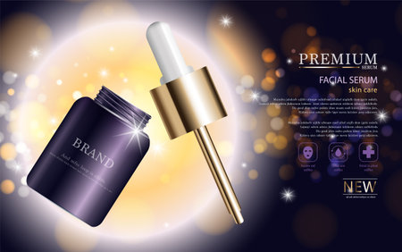 Hydrating facial serum for annual sale or festival sale. silver and gold serum mask bottle isolated on glitter particles background. Graceful cosmetic ads, illustration.のイラスト素材