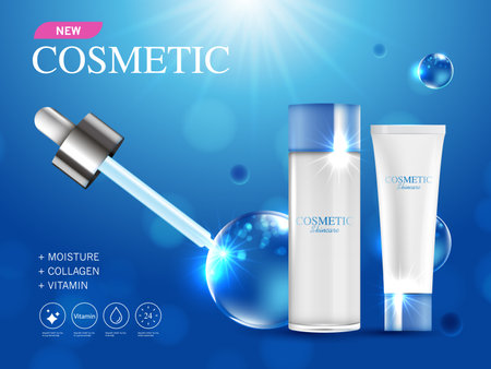 Cosmetics or skin care product ads with bottle and blue glittering light effect. Illustration design.のイラスト素材
