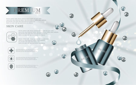 Hydrating facial serum for annual sale or festival sale. silver and gold serum mask bottle isolated on glitter particles background. Graceful cosmetic ads, illustration.のイラスト素材